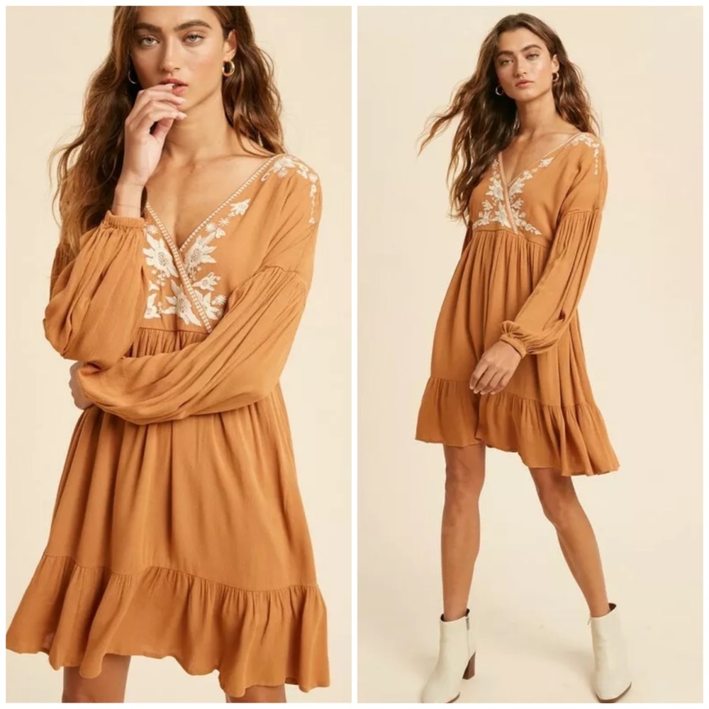 Earthen Embroidered Floral Ruffle Wrap Mini Dress
